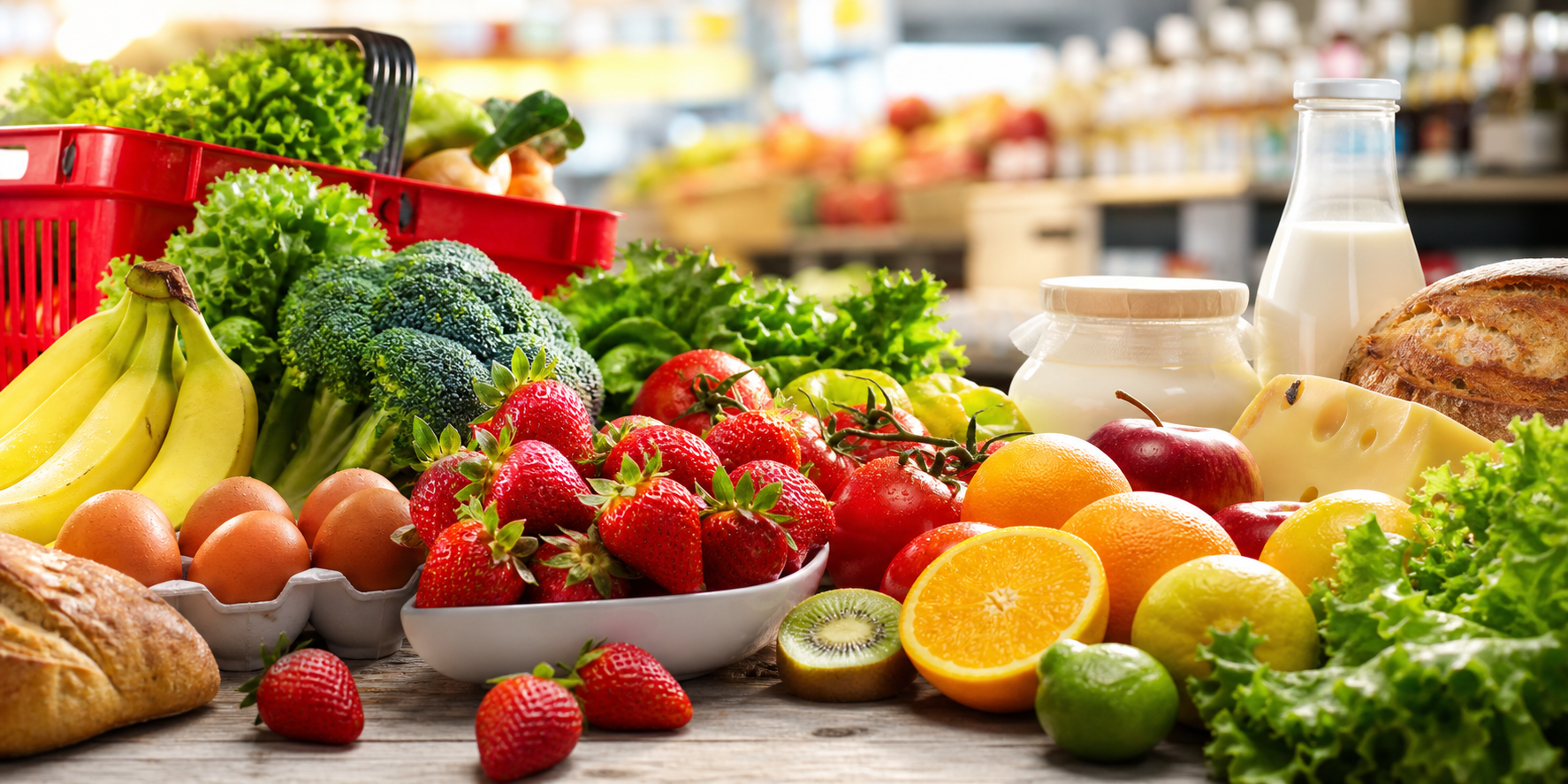 Mesa con frutas, verduras, pan y lácteos frescos