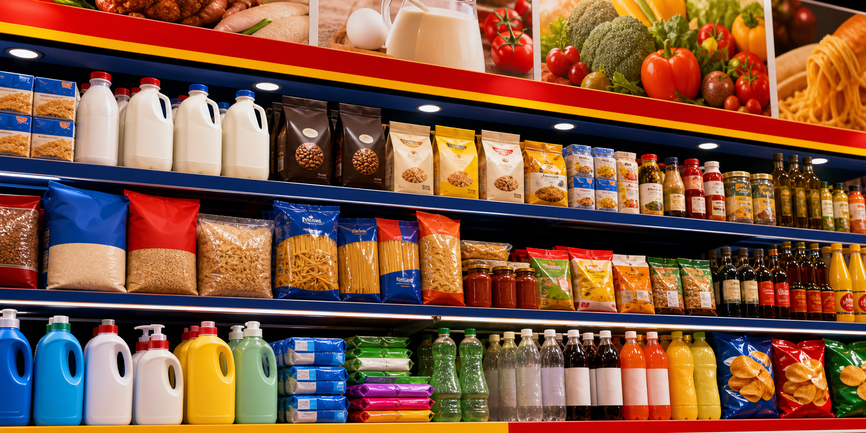 Góndola moderna con productos de supermercado ordenados